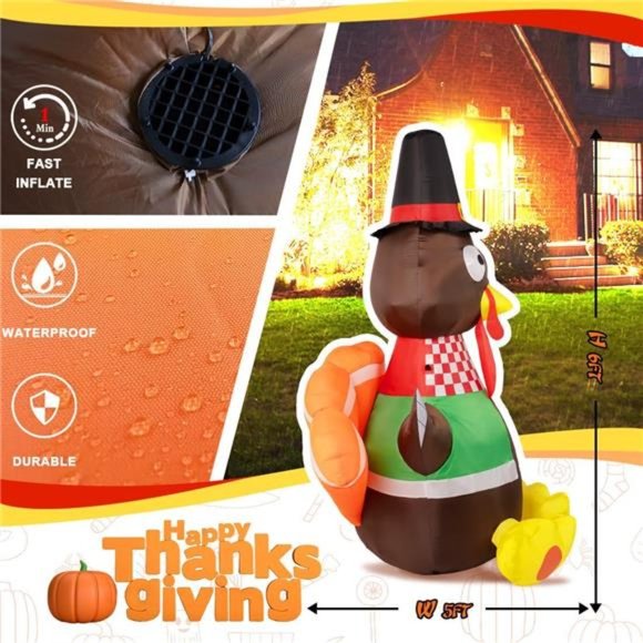 6FT Thanksgiving Inflatables Turkey Decorations with Colorful Tail, Lights - Picture 4 of 6